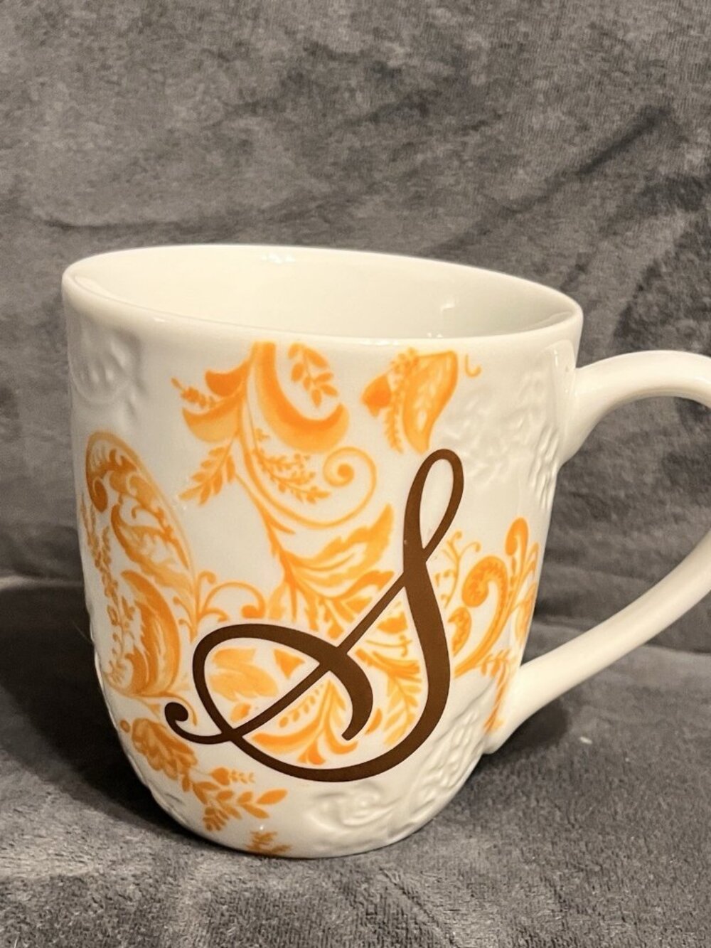 Pier 1 AVA Monogram Initial Letter S EMBOSSED Floral Orange Porcelain Cup Mug